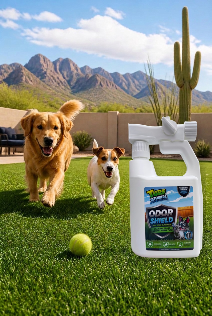 Two happy dogs running on fresh artificial turf in a Tucson backyard with an Odor Shield bottle